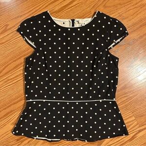LOFT Black and Cream Polka Dot Peplum Top with Cap Sleeves size 6P
